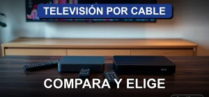 Comparación de planes de televisión por cable en Chile sobre mesa moderna con controles remotos y pantallas mostrando gráficos abstractos.