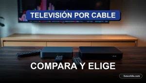Comparación de planes de televisión por cable en Chile sobre mesa moderna con controles remotos y pantallas mostrando gráficos abstractos.