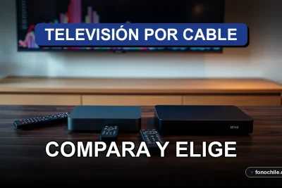 Comparación de planes de televisión por cable en Chile sobre mesa moderna con controles remotos y pantallas mostrando gráficos abstractos.