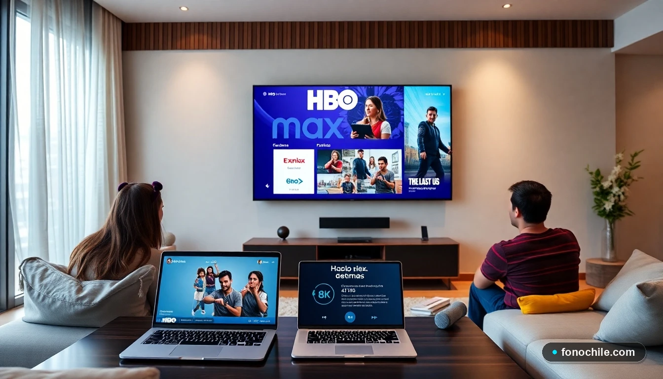 Familia chilena viendo HBO Max en su sala de estar, con detalles de precios y planes en pantalla.