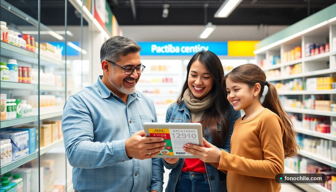Familia chilena revisando promociones digitales en una farmacia moderna y bien iluminada