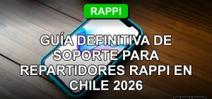 Guía de soporte técnico para repartidores de Rappi en Chile, mostrando un teléfono inteligente con gráficos abstractos en su pantalla.