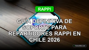 Guía de soporte técnico para repartidores de Rappi en Chile, mostrando un teléfono inteligente con gráficos abstractos en su pantalla.