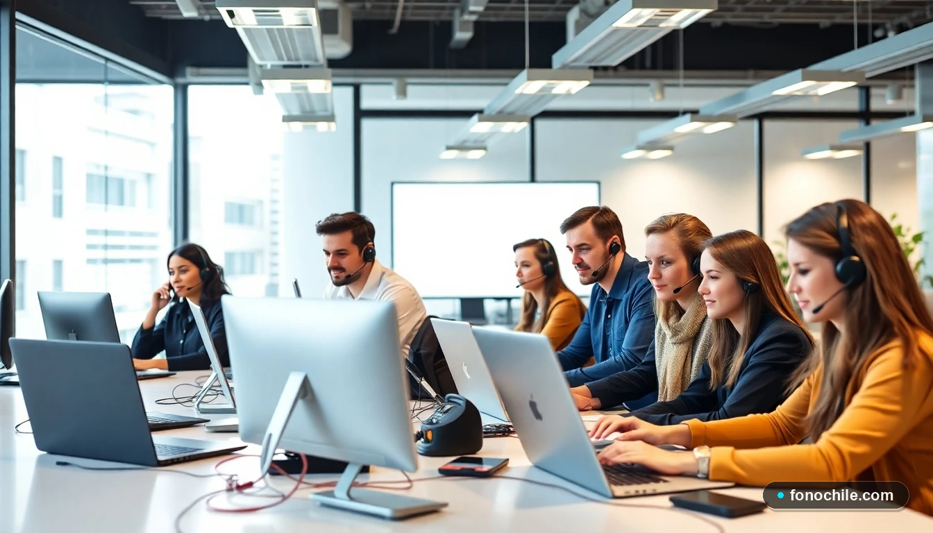 Equipo de soporte técnico profesional atendiendo a clientes en una oficina moderna en Santiago de Chile