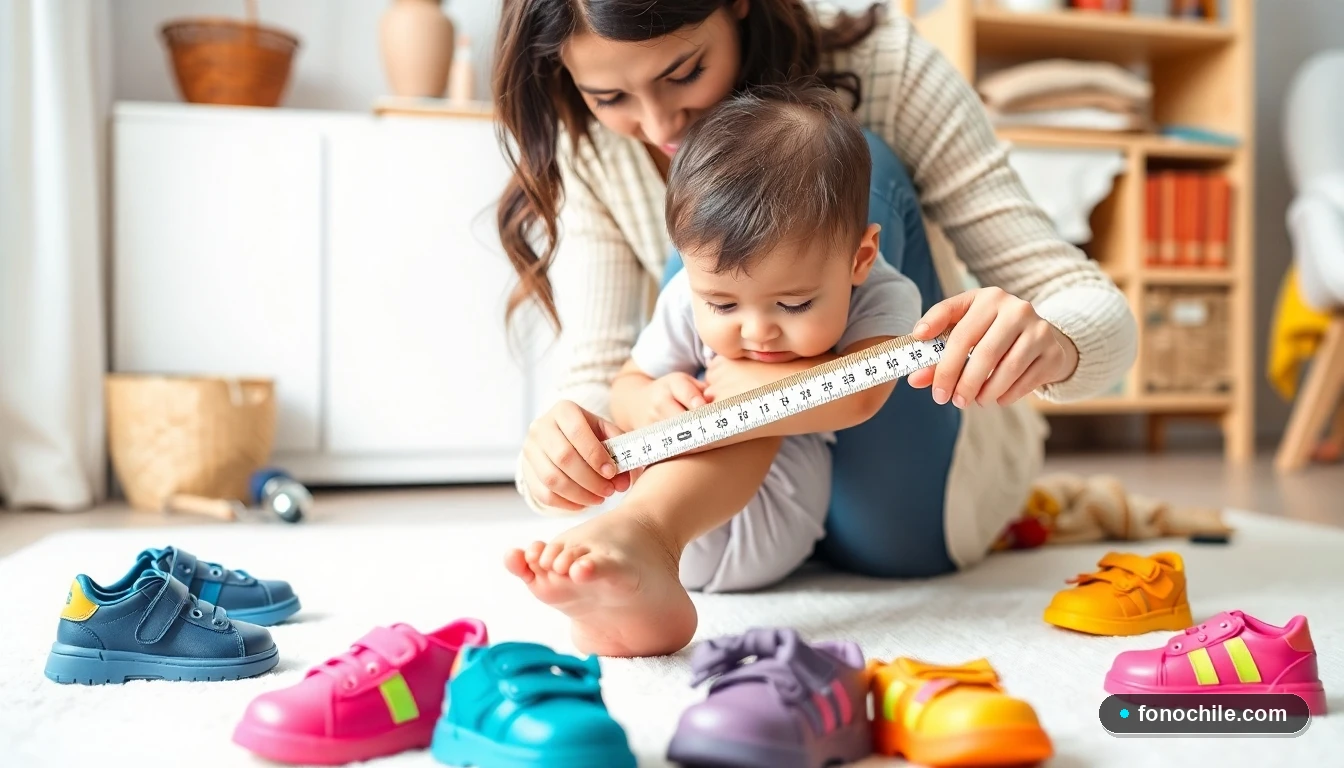 Mamá chilena midiendo el pie de su hijo pequeño para determinar la talla correcta de zapatos infantiles