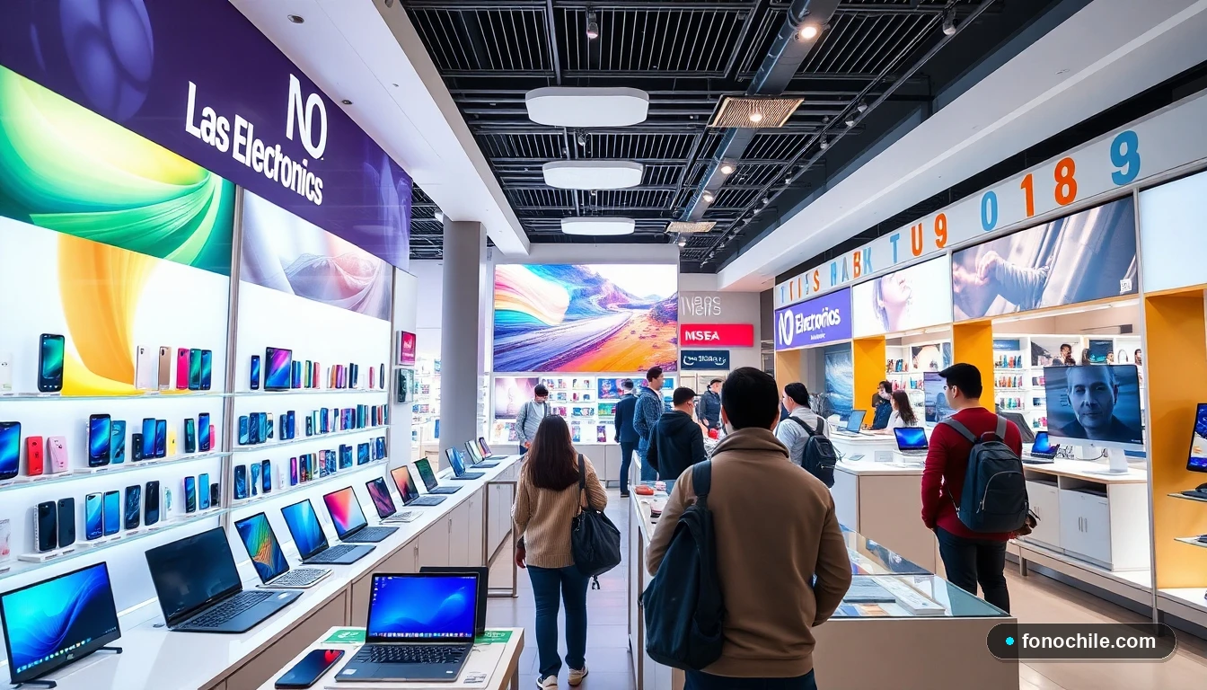 Interior de una moderna tienda de tecnología en Santiago, Chile, con clientes viendo smartphones y laptops.