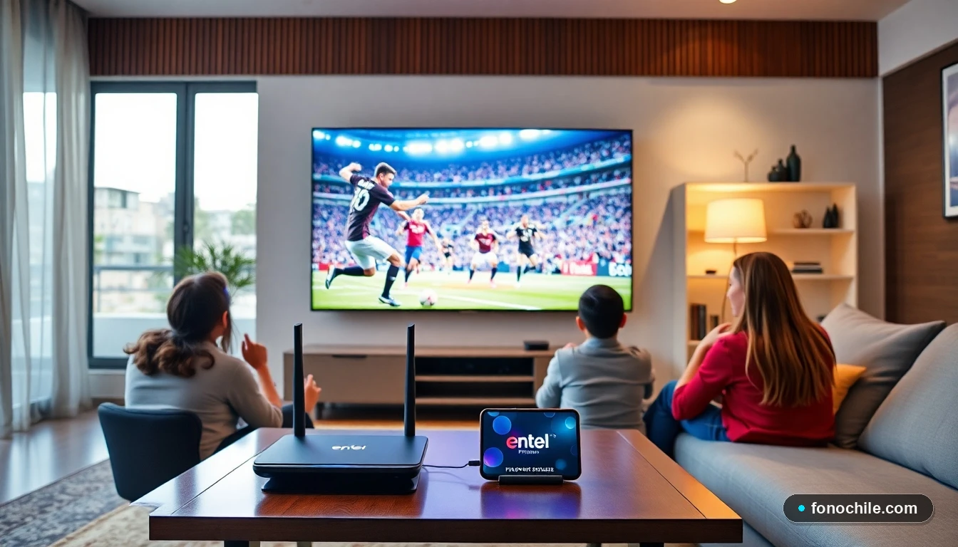 Familia chilena viendo TNT Sports Premium en televisor con conexión de fibra óptica Entel