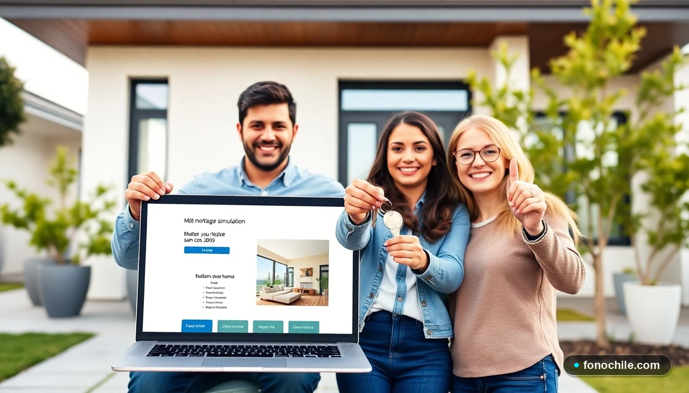 Familia chilena feliz recibiendo las llaves de su nueva casa con simulación de crédito hipotecario en pantalla
