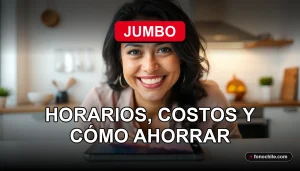 Mujer sonriente revisando su pedido de delivery de supermercado Jumbo en su teléfono móvil, mostrando comodidad y ahorro.
