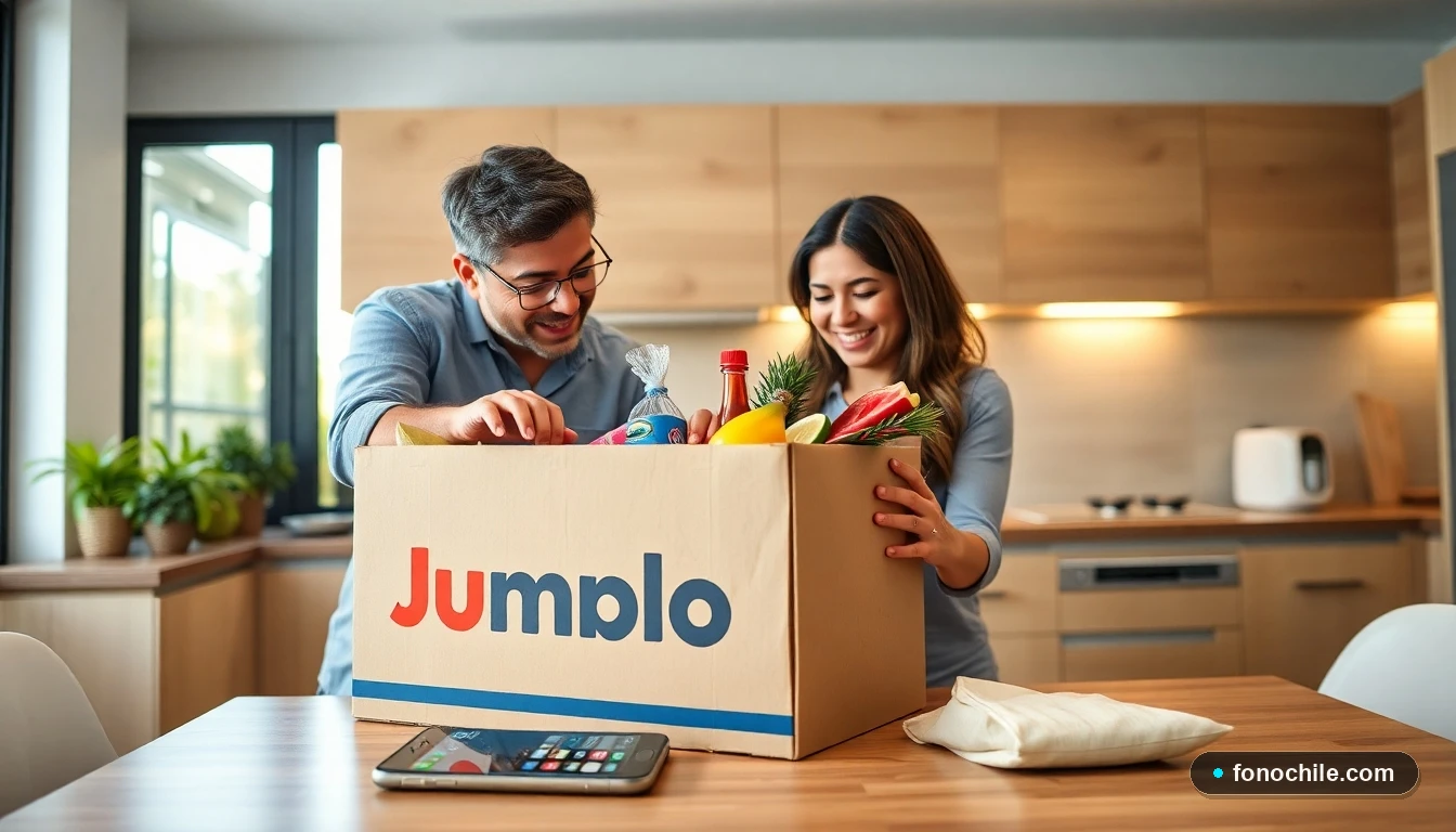 Familia chilena recibiendo y desempacando su pedido de delivery de supermercado Jumbo en casa.