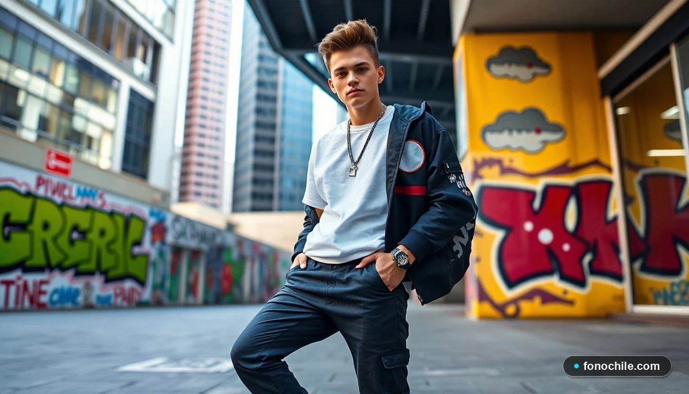 Joven con estilo urbano moderno en las calles de Santiago de Chile, mostrando tendencias de moda 2026.