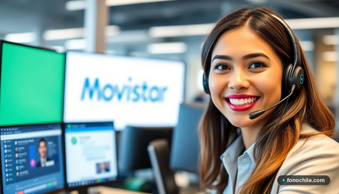 Agente de soporte Movistar Chile atendiendo a un cliente en un moderno centro de contacto