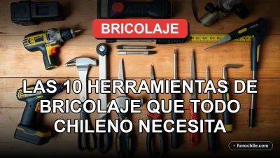 Conjunto de herramientas de bricolaje esenciales para el hogar chileno, organizadas sobre una mesa de trabajo de madera.
