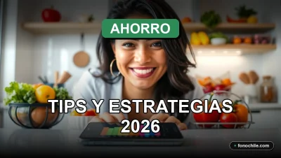 Una mujer latina sonriendo mientras revisa una lista de compras en su teléfono, con productos del supermercado organizados en el fondo.