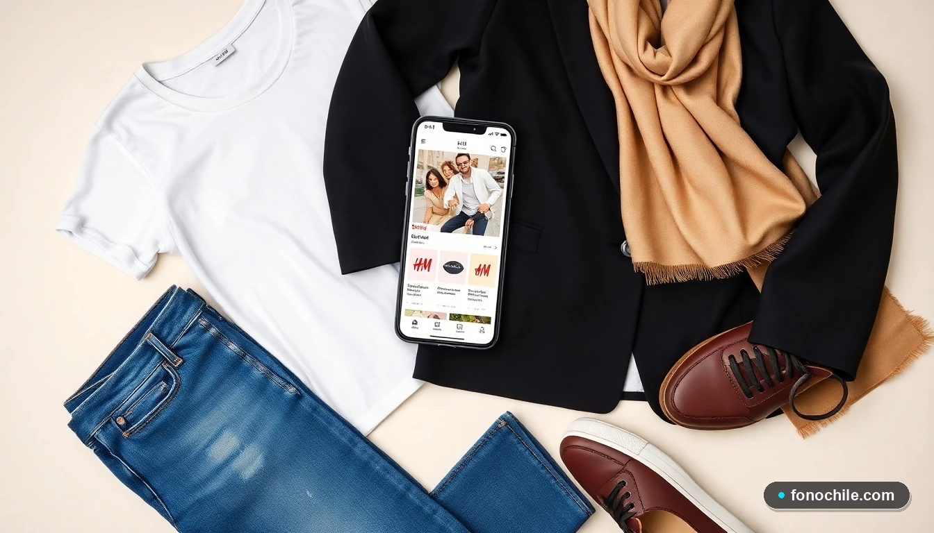 Composición minimalista de básicos de vestir esenciales para crear múltiples outfits, junto a celular con app de moda.
