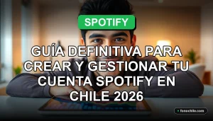 Guía para crear y gestionar una cuenta de Spotify en Chile. Pantalla con gráficos abstractos de colores.