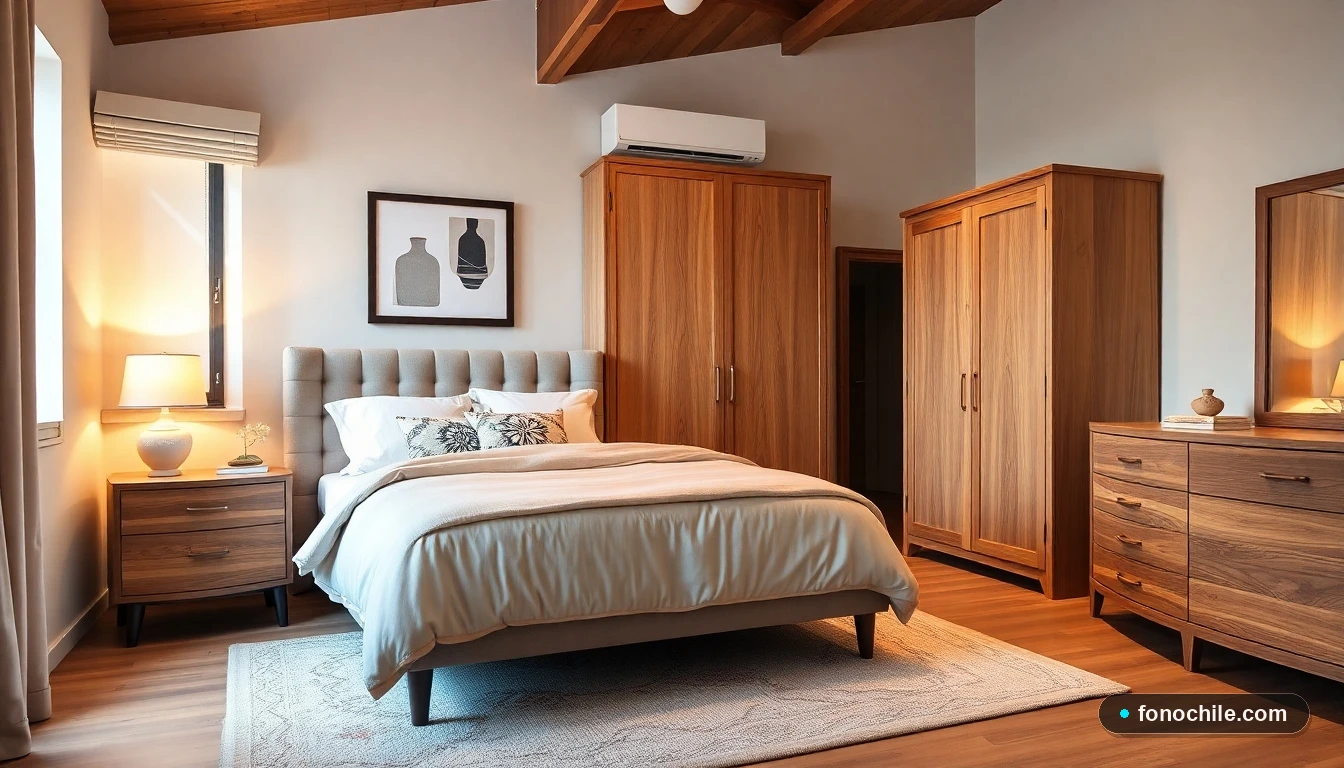 Dormitorio moderno y acogedor chileno con cama, veladores, ropero y cómoda bien organizados