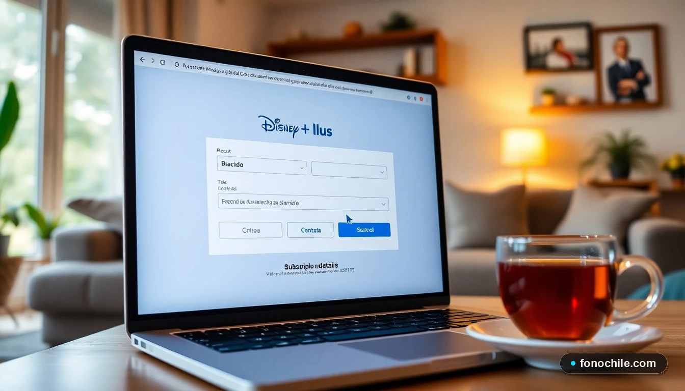 Pantalla de gestión de cuenta de Disney Plus en un computador, mostrando los detalles de suscripción.