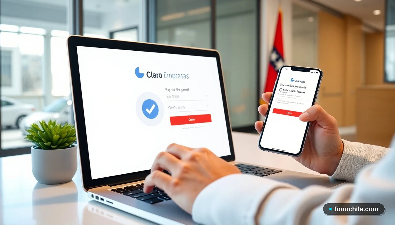 Ejecutivo pagando la cuenta de Claro Empresas desde su computador y celular en una oficina en Chile