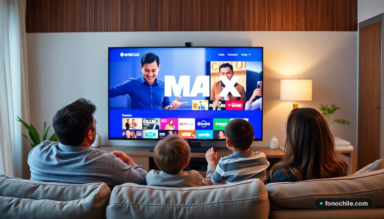 Familia chilena disfrutando de HBO Max en su televisor con conexión Entel