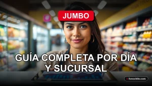 Guía de horarios de supermercado Jumbo en Chile para el año 2026, mostrada en una pantalla con gráficos de colores.