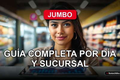Guía de horarios de supermercado Jumbo en Chile para el año 2026, mostrada en una pantalla con gráficos de colores.
