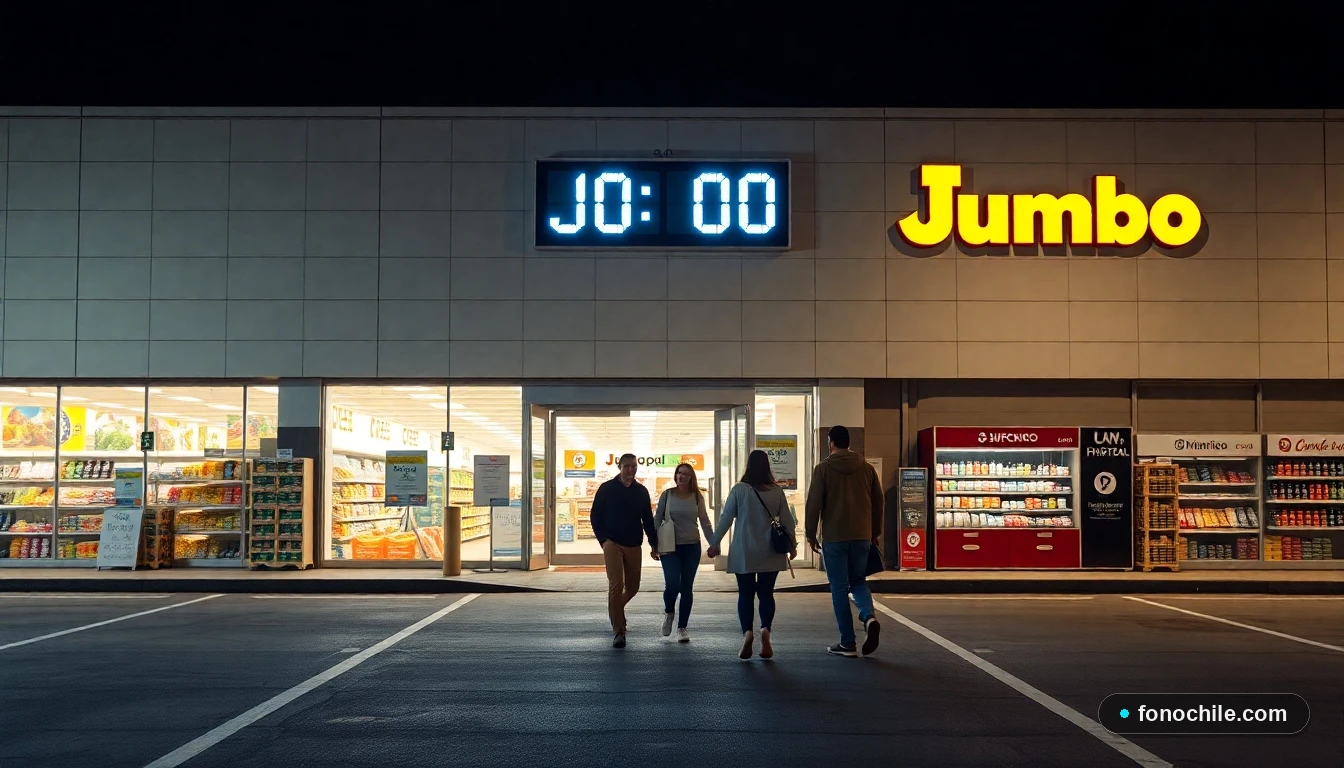 Familia ingresando a un supermercado Jumbo en Chile, mostrando la fachada y horario de apertura.
