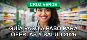 Mujer sonriente en farmacia Cruz Verde con tablet mostrando gráficos de salud, inscripción fácil para ofertas 2026.