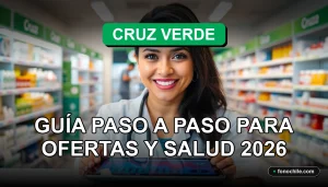 Mujer sonriente en farmacia Cruz Verde con tablet mostrando gráficos de salud, inscripción fácil para ofertas 2026.