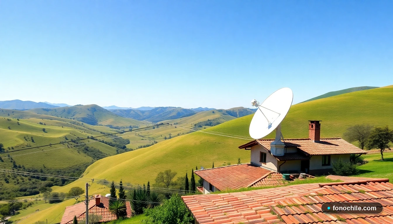 Panorámica de valle rural chileno con casa y antena satelital moderna, representando conectividad a internet en el campo.