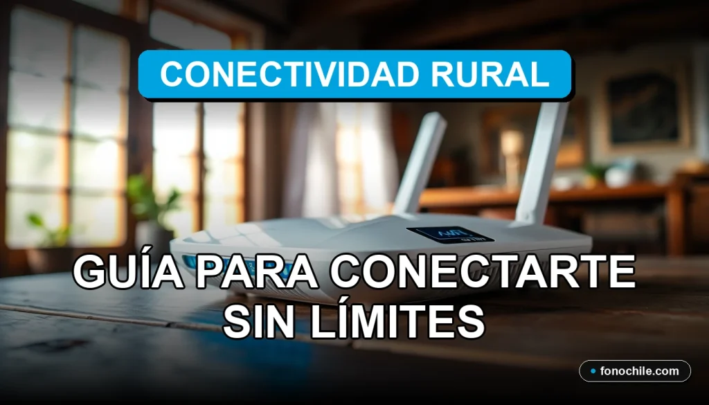 Router Wi-Fi moderno con luces LED azules y verdes sobre escritorio de madera en casa rural chilena, mostrando gráficos abstractos de conexión en su pantalla.