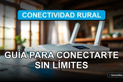 Router Wi-Fi moderno con luces LED azules y verdes sobre escritorio de madera en casa rural chilena, mostrando gráficos abstractos de conexión en su pantalla.