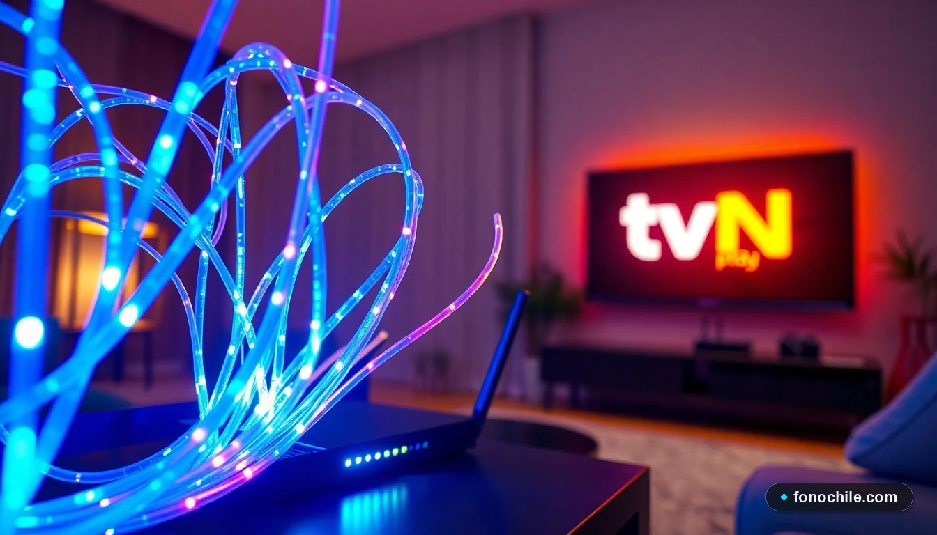 Fibra óptica 2026 conectada a router y televisor con TVN Play en pantalla en un hogar chileno