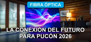 Conexión de fibra óptica moderna en un hogar de Pucón, Chile, mostrando velocidad y tecnología futurista para 2026.