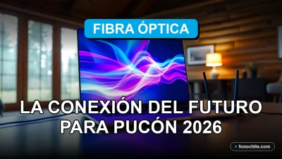 Conexión de fibra óptica moderna en un hogar de Pucón, Chile, mostrando velocidad y tecnología futurista para 2026.