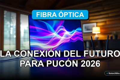 Conexión de fibra óptica moderna en un hogar de Pucón, Chile, mostrando velocidad y tecnología futurista para 2026.