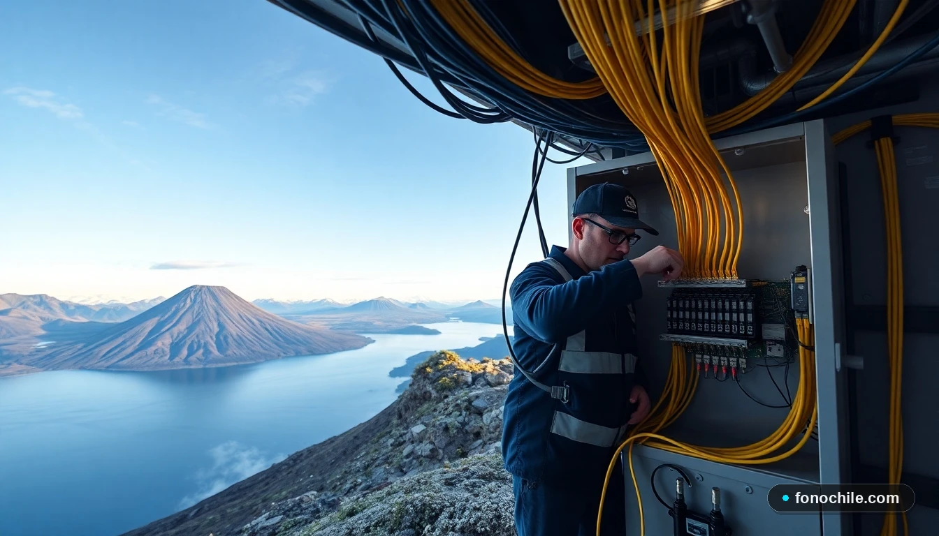 Instalación de fibra óptica WOM en un entorno natural de Pucón, Chile, mostrando tecnología de alta velocidad.
