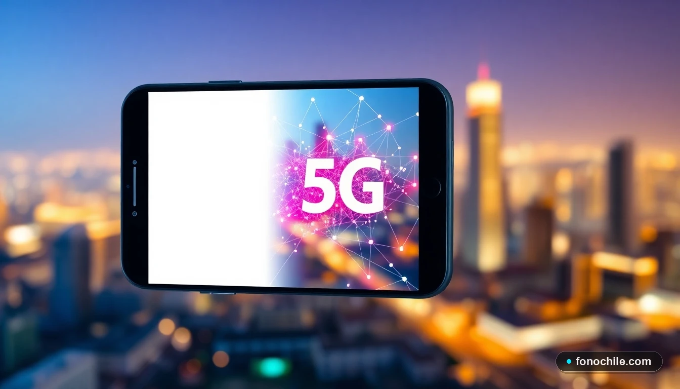 Smartphone mostrando mapa de cobertura 5G y conexión de datos de alta velocidad en un entorno urbano moderno.