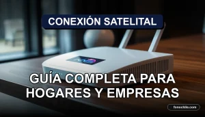 Antena de internet satelital moderna en un escritorio con gráficos abstractos en su pantalla, representando cobertura en Chile 2026.