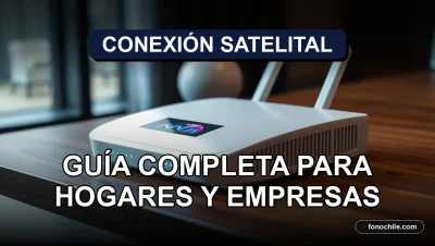 Antena de internet satelital moderna en un escritorio con gráficos abstractos en su pantalla, representando cobertura en Chile 2026.