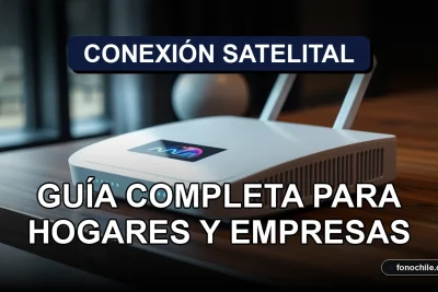 Antena de internet satelital moderna en un escritorio con gráficos abstractos en su pantalla, representando cobertura en Chile 2026.