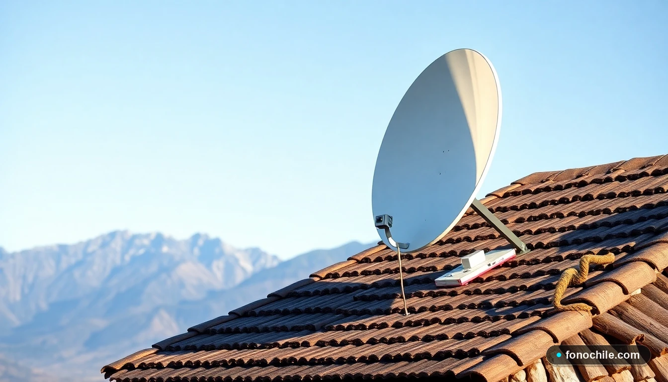 Antena de internet satelital instalada en una casa rural en Chile con paisaje de montañas