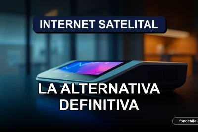 Antena de internet satelital moderna en un escritorio con gráficos abstractos en la pantalla, Chile 2026.