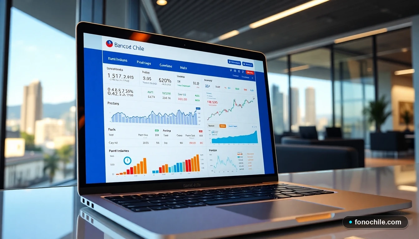 Interfaz moderna de inversión digital del Banco de Chile mostrando gráficos y análisis financieros.