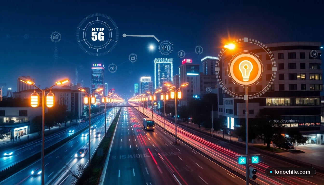 Panorama futurista de IoT en Santiago de Chile con sensores inteligentes y conectividad 5G