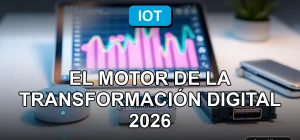Transformación digital en Chile impulsada por tecnología IoT, gráficos abstractos de datos en pantallas, gadgets inteligentes en oficina moderna.