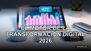 Transformación digital en Chile impulsada por tecnología IoT, gráficos abstractos de datos en pantallas, gadgets inteligentes en oficina moderna.