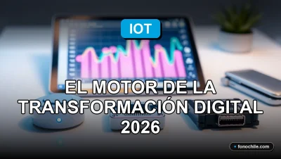 Transformación digital en Chile impulsada por tecnología IoT, gráficos abstractos de datos en pantallas, gadgets inteligentes en oficina moderna.