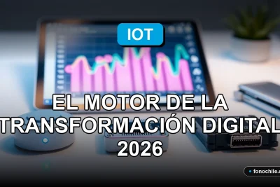 Transformación digital en Chile impulsada por tecnología IoT, gráficos abstractos de datos en pantallas, gadgets inteligentes en oficina moderna.
