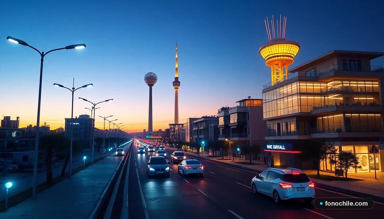 Ciudad inteligente en Chile con dispositivos IoT conectados a red 5G al atardecer